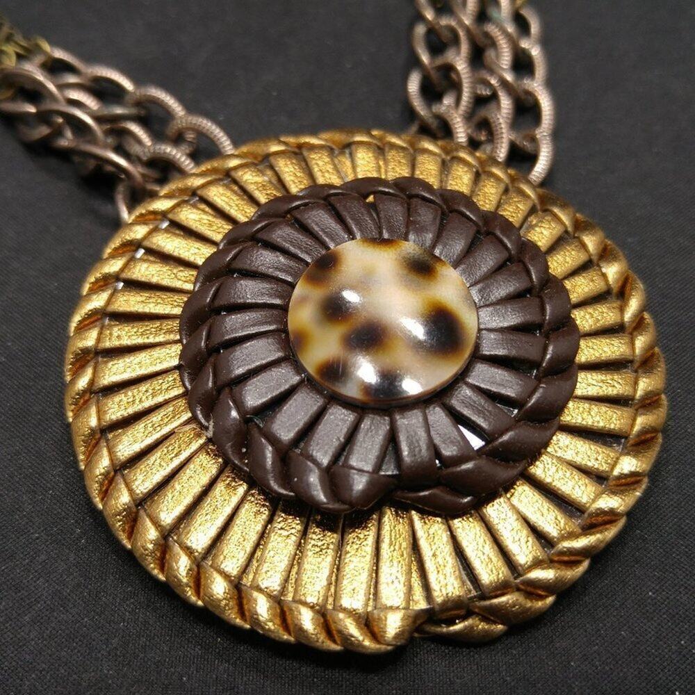 Boho Mixed Metal Colored Pendant Necklace, Leather Woven Pendant, 22 Inches